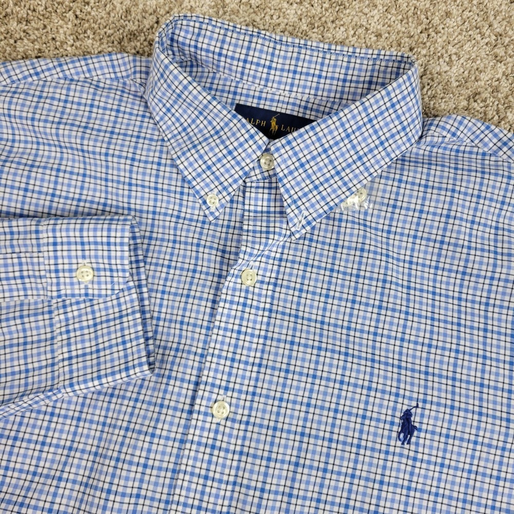 Ralph Lauren Cotton Stretch Mens XL Blue Plaid Pony Button Down Long Sleeve